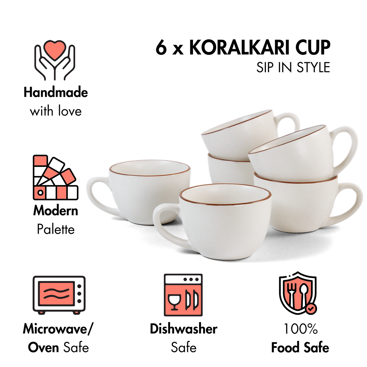 Ceramic Tea Cups | Set of 6 | Vanilla Biscuit | 200ml Tea Cups |