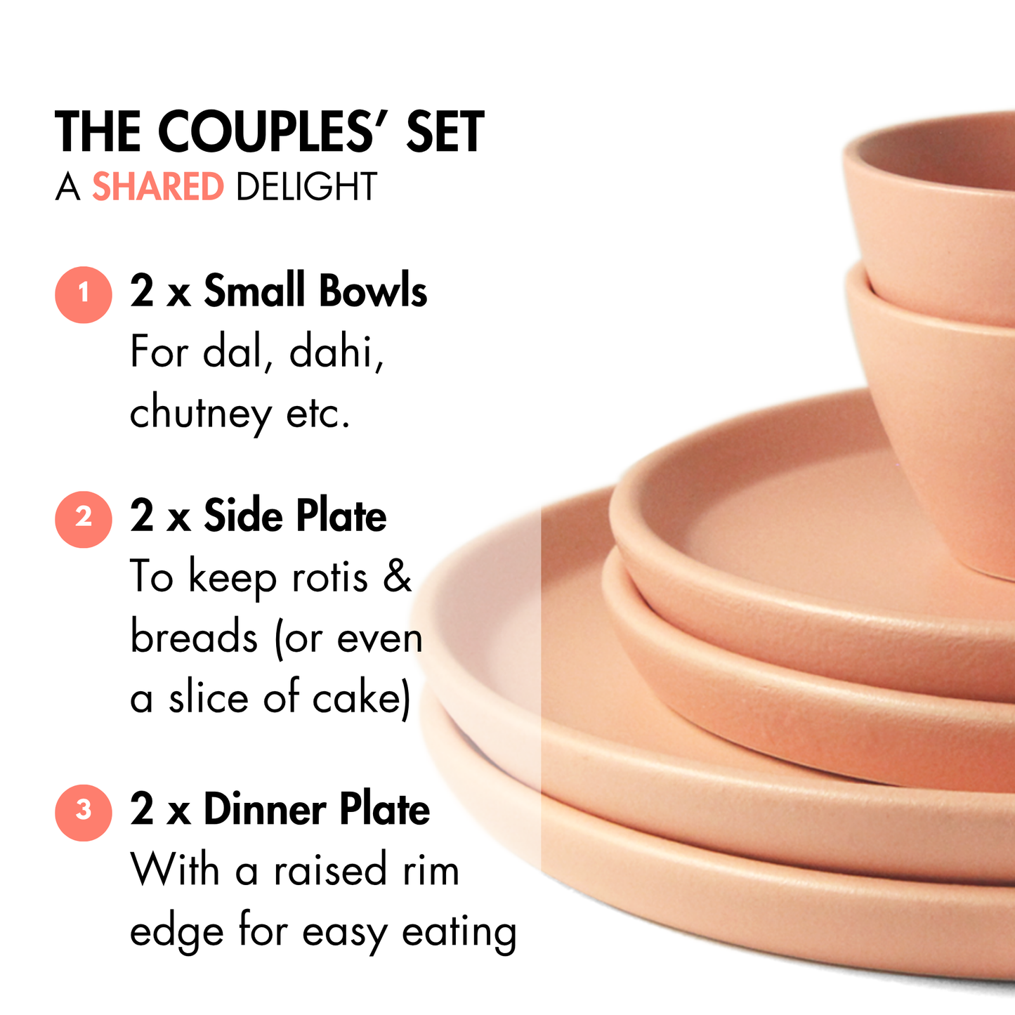 Ceramic 6 Piece Couples' Dinner Set | Flamingo Pink | 2 Dinner Plates, 2 Side Plates, 2 Katori Bowls |