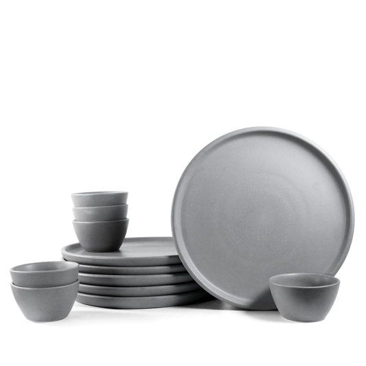 Ceramic 12 Piece Family Dinner Set | Pebble Grey | 6 Dinner Plates, 6 Katori Bowls |