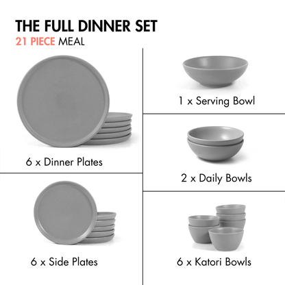 Ceramic 21 Piece Dinner Set | The Full Dinner Set | Pebble Grey | SilkMatte Finish |