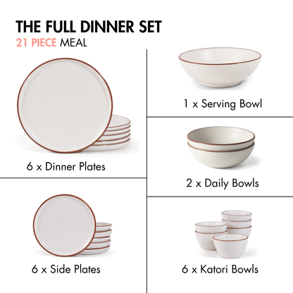 Ceramic 21 Piece Dinner Set | The Full Dinner Set | Vanilla Biscuit | SilkMatte Finish |