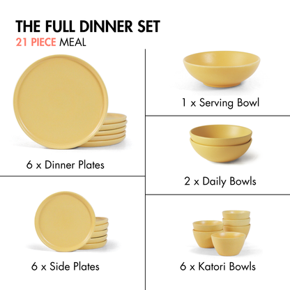 Ceramic 21 Piece Dinner Set | The Full Dinner Set | Aamras Yellow | SilkMatte Finish |