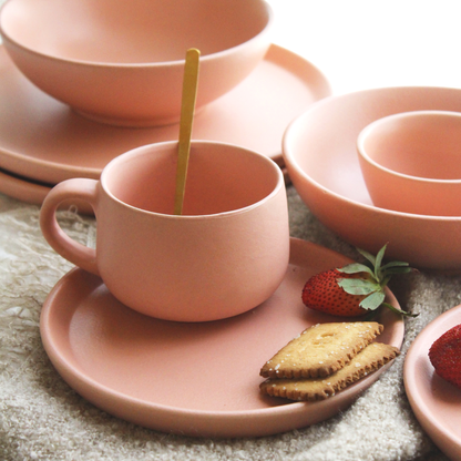 Ceramic 3 Piece Breakfast Set | Flamingo Pink | 1 Plate, 1 Breakfast Bowl, 1 Cappuccino Mug |