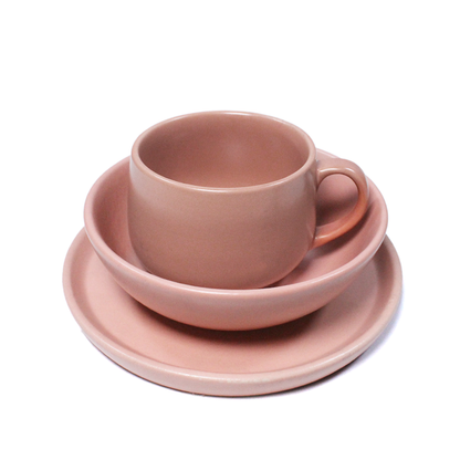 Ceramic 3 Piece Breakfast Set | Flamingo Pink | 1 Plate, 1 Breakfast Bowl, 1 Cappuccino Mug |