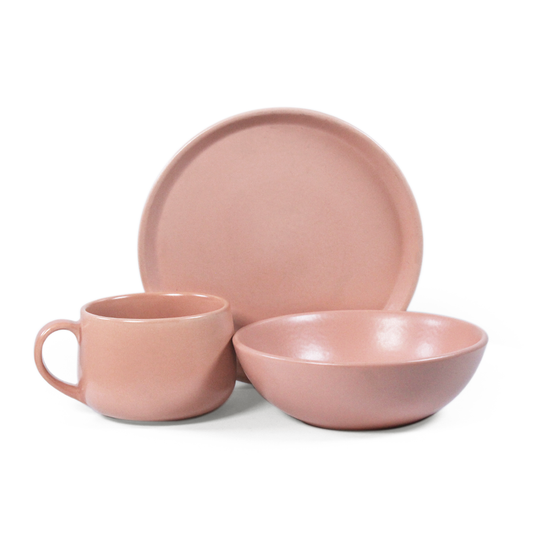 Ceramic 3 Piece Breakfast Set | Flamingo Pink | 1 Plate, 1 Breakfast Bowl, 1 Cappuccino Mug |