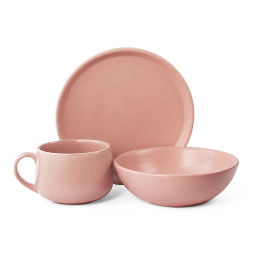 Ceramic 3 Piece Breakfast Set | Flamingo Pink | 1 Plate, 1 Breakfast Bowl, 1 Cappuccino Mug |