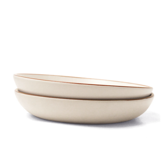 Ceramic Pasta Bowls | Set of 2 | Vanilla Biscuit | Flat Bowls for Pasta, Salads |