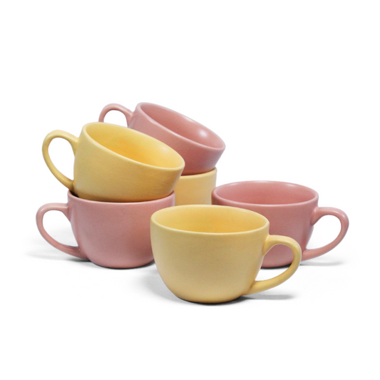 Ceramic Tea Cups | Set of 6 | Aamras Yellow + Flamingo Pink | 200ml Tea Cups |