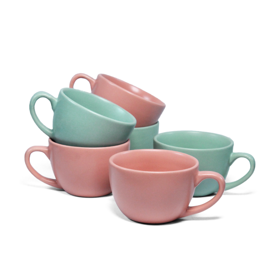 Ceramic Tea Cups | Set of 6 | Flamingo Pink + Almost Blue | 180ml Tea Cups |