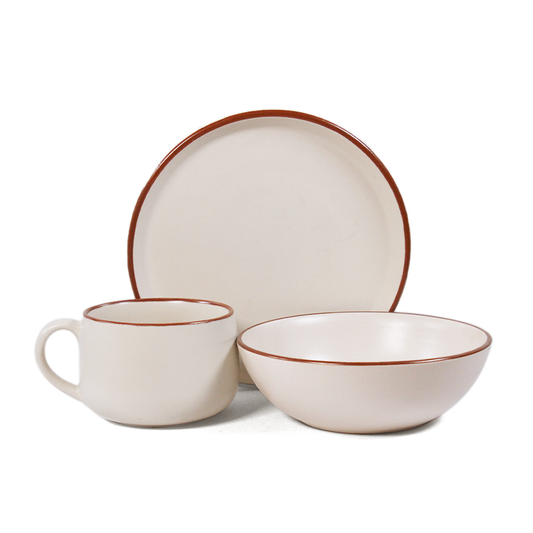 Ceramic 3 Piece Breakfast Set | Vanilla Biscuit | 1 Plate, 1 Breakfast Bowl, 1 Cappuccino Mug |