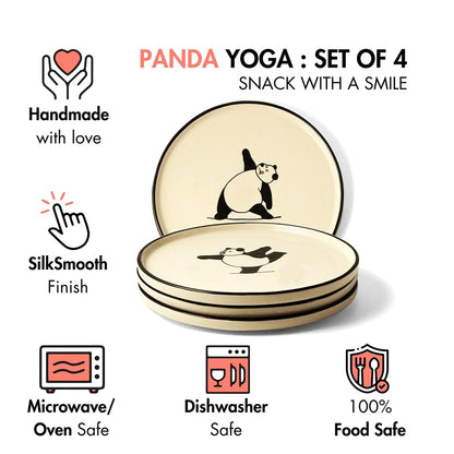 Ceramic Snack Plates | Set of 4 | Handpainted  Panda Yoga Art | 8 Inch Side Plates for Snacks & Appetisers |