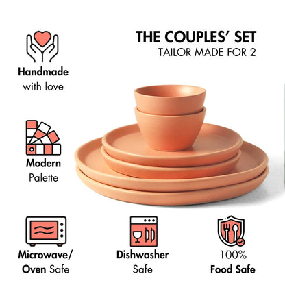 Ceramic 6 Piece Couples' Dinner Set | Flamingo Pink | 2 Dinner Plates, 2 Side Plates, 2 Katori Bowls |