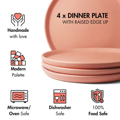 Ceramic Dinner Plates | Set of 4 | Flamingo Pink | Rim Plates for Daily Dining & Hosting |