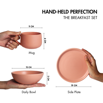 Ceramic 3 Piece Breakfast Set | Flamingo Pink | 1 Plate, 1 Breakfast Bowl, 1 Cappuccino Mug |