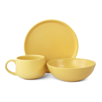 Ceramic 3 Piece Breakfast Set | Aamras Yellow | 1 Plate, 1 Breakfast Bowl, 1 Cappuccino Mug |