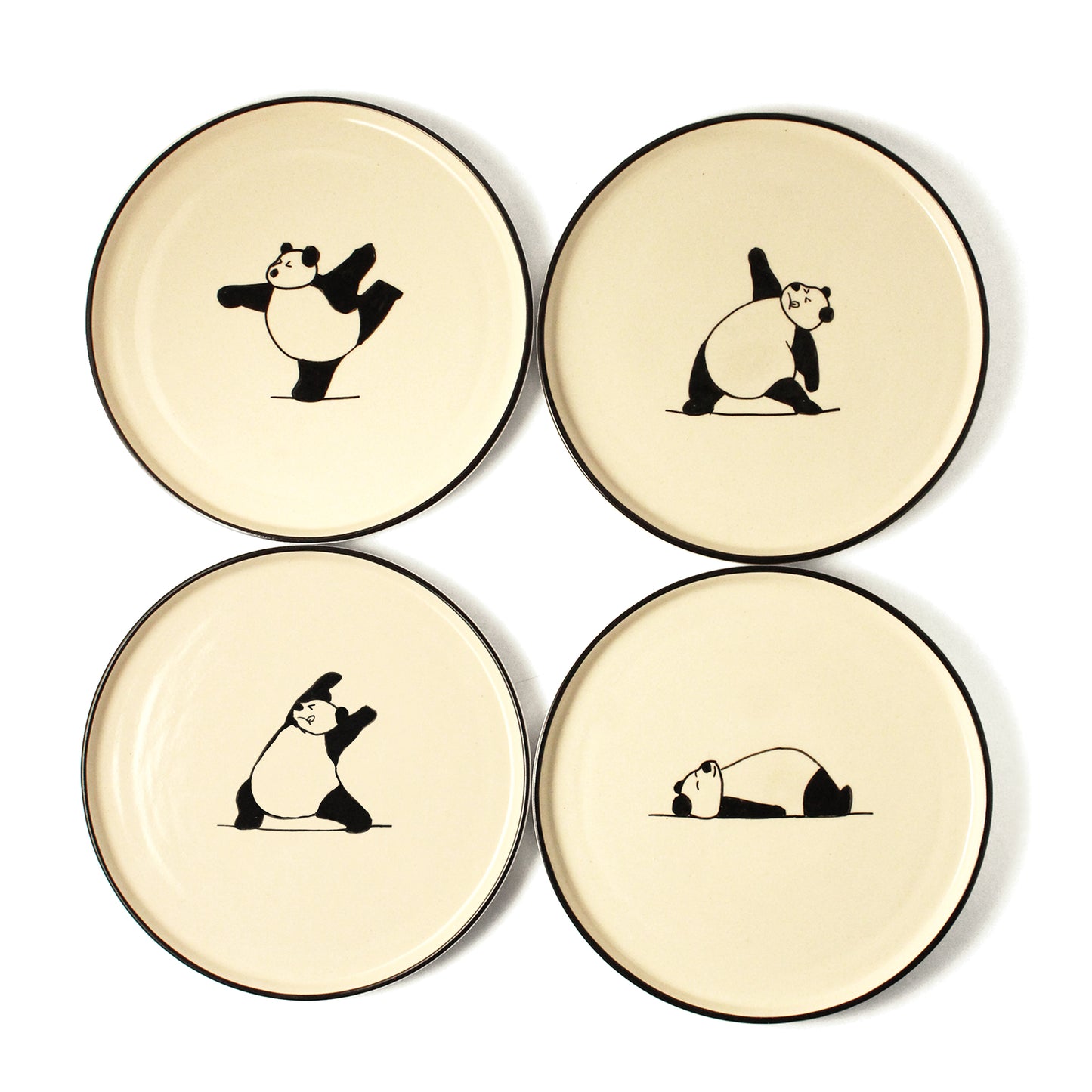 Ceramic Snack Plates | Set of 4 | Handpainted  Panda Yoga Art | 8 Inch Side Plates for Snacks & Appetisers |